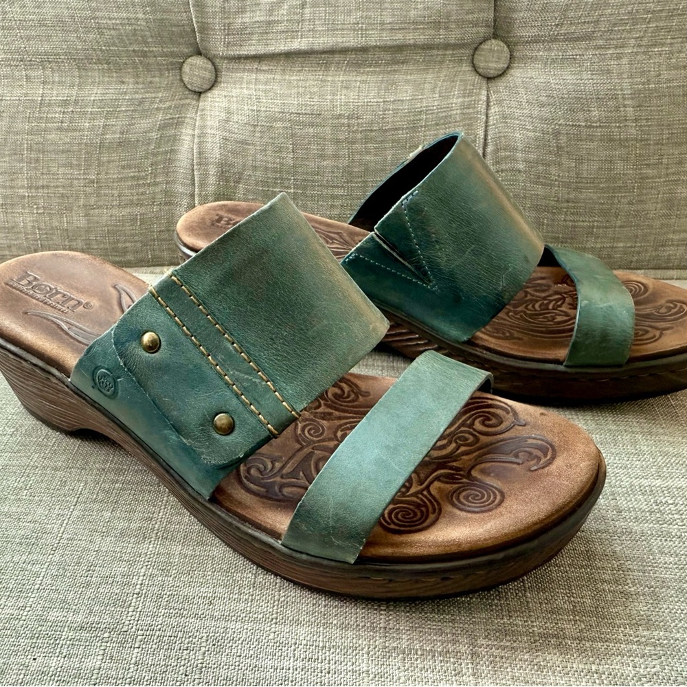 Born Women's Denim Blue Leather Slide Sandals